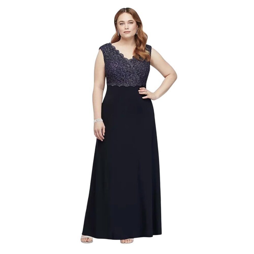 Alex Evenings Surplice Lace Gown Size 18W Navy Blue A-Line Metallic Formal Event